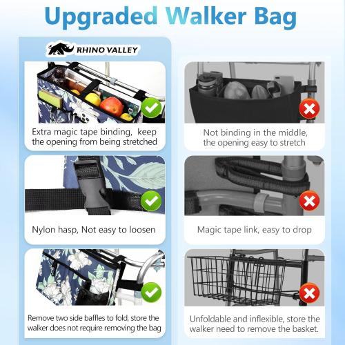 Rhino Valley Walker Bag, Multi Pockets Folding Walker Basket Tote Bag with Cup Holder, Hand-free Carry Pouch Storage Bag for Universal Walkers, Large Capacity Organizer for Seniors Elderly,Blue Cosmos