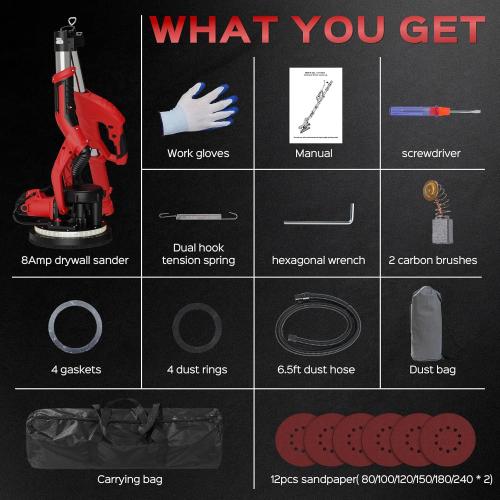 Untested...Drywall Sander with Vacuum Dust Collector, 8-Amp Popcorn Ceiling Removal Tool with 7 Variable Speed 800-1800RPM, Extendable Handle, LED Light, 12pcs Sanding Discs,Dark Red