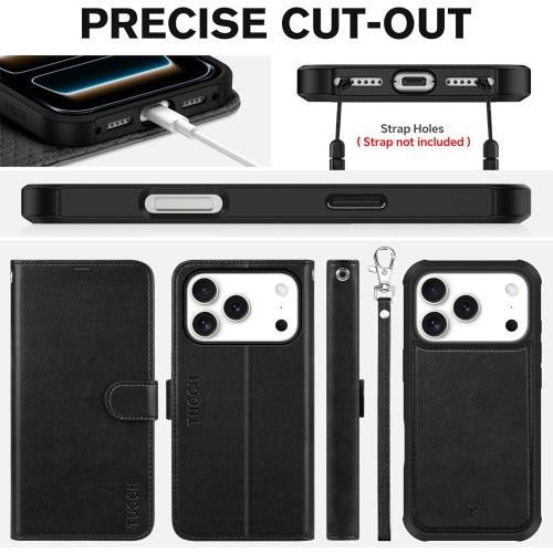TUCCH 2-in-1 Detachable Wallet Case for iPhone 17 Pro (6.3-inch) 2025, Wireless Charging | RFID Blocking 4 Card Holder | Wrist Strap | Kickstand | Magnetic | PU Leather | Protective Flip Cover | Black