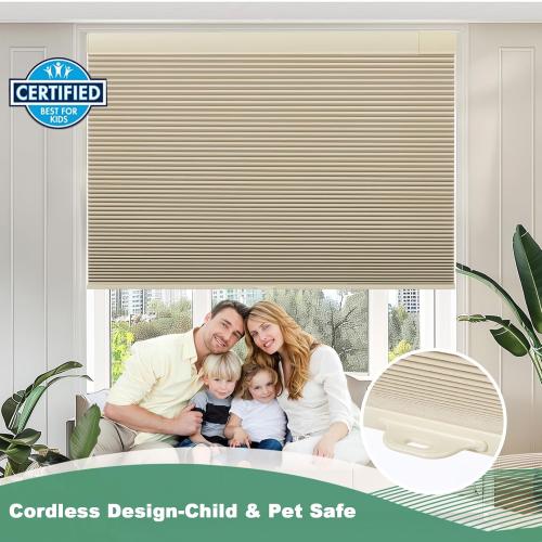 Tonature No Drill Cellular Shades for Indoor Windows, Thermal Insulating & Noise Reducing Honeycomb Blinds, Free Stop Cordless Blackout Shades, Beige, 34 W x 64 H