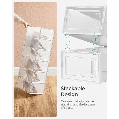 SONGMICS Shoe Boxes, Pack of 18 Shoe Storage Organizers, Stackable Clear Plastic Boxes for Closet, Sneakers, 13.1 x 9.1 x 5.6 Inches, Transparent and White ULSP18SWT