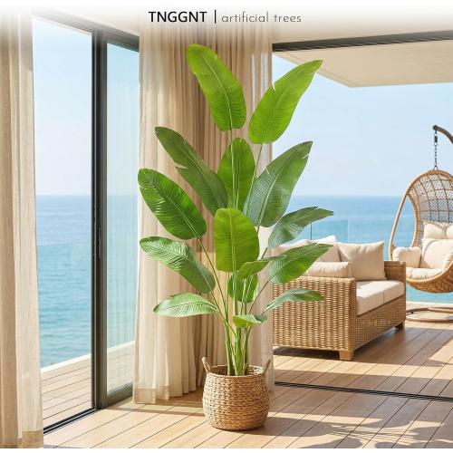 Artificial Bird of Paradise Plant：7FT Tall Fake Traveler’s Palm Tree | Faux Banana Tree Elephant Ear Leaf Silk Floor Plant in White Pot for Home Decor Indoor Office Entryway Balcony Patio café