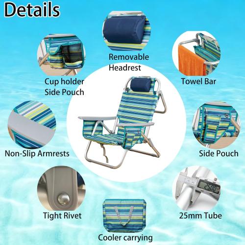 Aluminum Backpack Low Profile Beach Chair - 5-Position Lay Flat Reclining Folding Chair with Removable Cooler Bag - Heavy Duty 330 lbs Capacity, Lightweight Portable Sand Seat - Striped Green‼️has mild scratches ‼️
