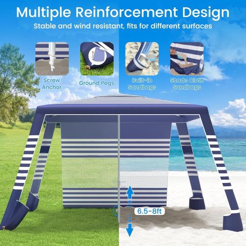 MoKo Beach Cabana, 8'×8' Large Beach Canopy with Side Wall, UPF 50  Protection Easy Setup Beach Tent Sun Shelter, Adjustable Height Wind Resistant Cabana Beach Tent for Whole Family, Navy Stripes