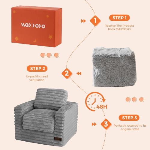 MAXYOYO Kids Bean Bag Chair, Comfy Faux Fur Bean Bag Sofa with Filler, Upholstered Floor Sofa with Pillows and Armrests, Lazy Floor Chair Couch for Boys and Girls, Grey