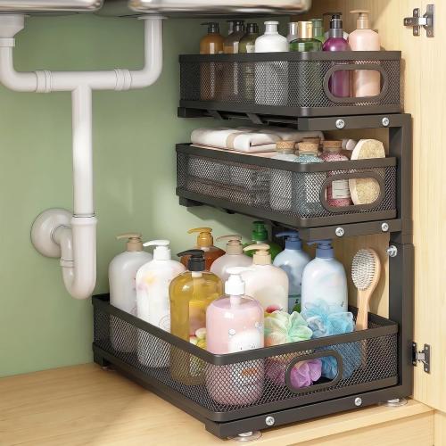 Under Sink Organizer, 3-tier Under Sink Storage Organizer Adjustable Height Easy Assembly Pull Out Cabinet Organizers Basket for Bathroom Kitchen Pantry Home Organization