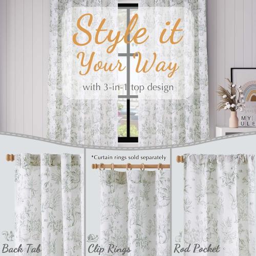 jinchan Linen Nursery Curtains 96 inch Long Woodland Wildlife Sage Green Print Drapes for Kid's Room Light Filtering French Country Farmhouse Curtains with Bunny and Forest Design Set of 2 Panels