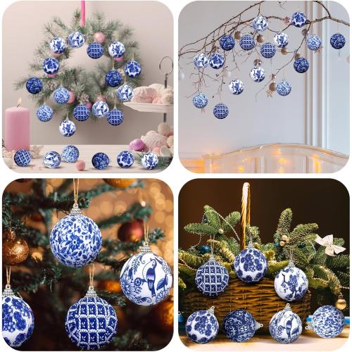 Preboun 12 Pcs Christmas Chinoiserie Ball Ornaments Blue and White Chinoiserie Tree Decoration Christmas Tree Hanging Ornaments Fabric Wrapped Home Xmas Decor for Modern Party (Blue,2.76 Inch)