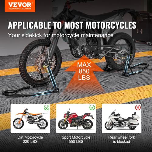 vevor Motorcycle Stand Lift 850lbs Front Rear Combo Stand Lift Stand Front Wheel Fork Stand Rear U L Fork Swingarm Spool Stand Compatible with Most Yamaha Honda Kawasaki Suzuki Motorcycles Black
