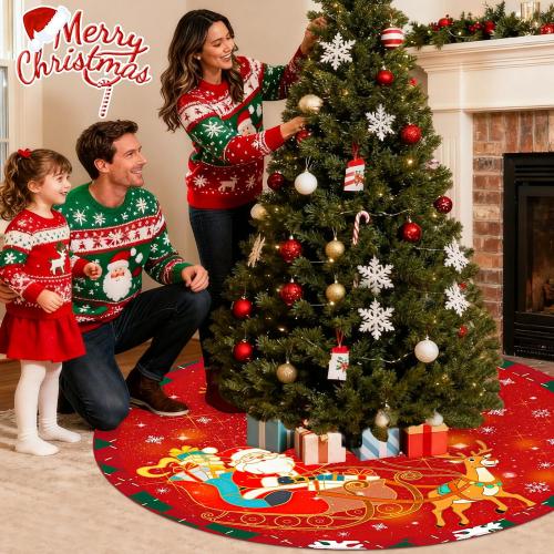 48 Inch Christmas Tree Skirt, Vintage Santa Snowflake Red Tree Skirt for Indoor Outdoor Home Winter Merry Xmas Holiday Party Decorations