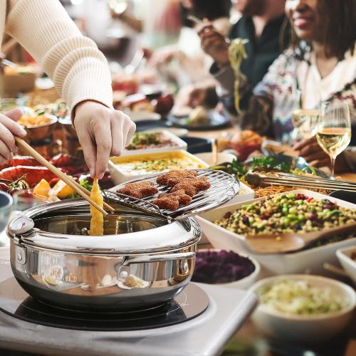 Deep Fryer Pot (°C), 11/4.4Qt (4.2 L) Extra Large Tempura Frying Pot with Lid, 304 Stainless Steel Fry Pot with Temperature Control and Oil Drip Drain Rack