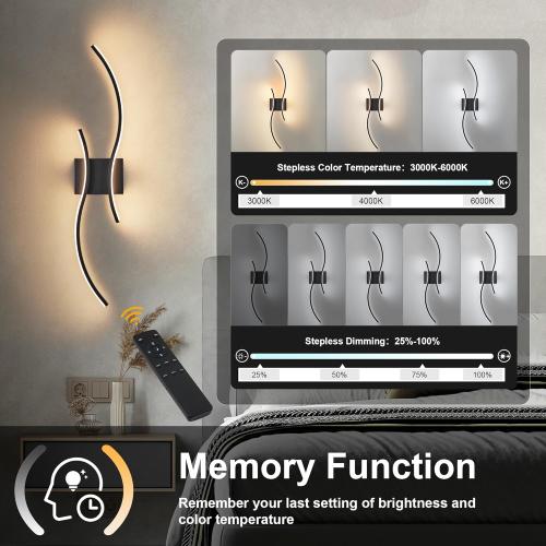 Battery Operated Wall Sconces Set of Two with Remote Control, Stepless Colors 3000K-6000K & Dimming, LED Black Wireless Wall Light for Living Room, Hallway, Bedroom, 31.5 Inch (2 Pack)