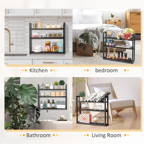Wood Bathroom Shelf, 3-Tier Adjustable Shoes Rack&Plants Rack, Wall-Mounted or Stand for Living Room (Black)