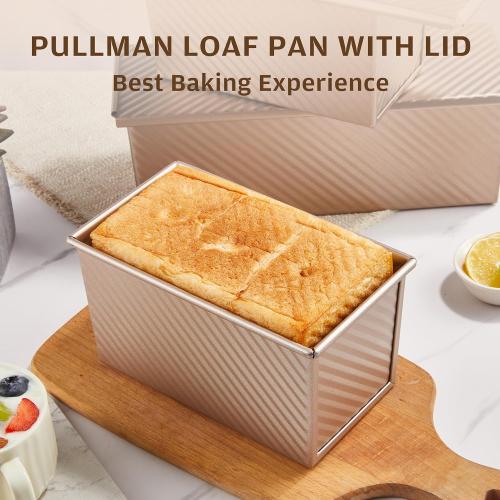 KITESSENSU Pullman Loaf Pan with Lid 1 Pack, 1 lb Dough Capacity Non-Stick Bakeware for Baking Bread, Carbon Steel Corrugated Bread Toast Box Mold with Cover for Baking Bread, Gold