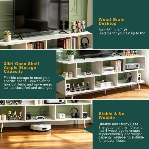 65 White TV Stand with Power Outlet for TVs up to 75, Large Entertainment Center with 8 Open Shelves,Media Console Table for Living Room/Entrance/Kitchen/Sofa Cabinet, Easy Assembly