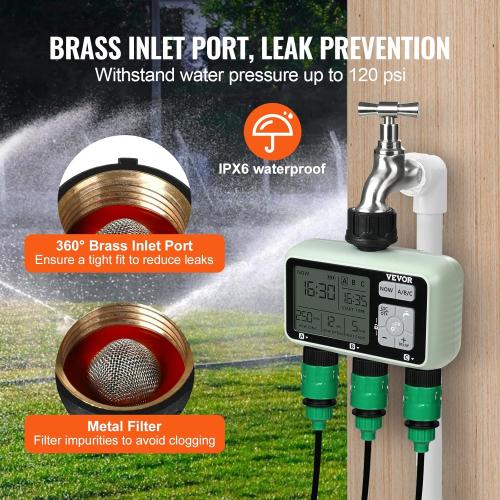 VEVOR Water Timer, 3 Outlets, Hose Watering Sprinkler Timer, with 3 Independent Watering Zone LCD Display Rain Delay Mode Manual Mode 360° Brass Inlet Metal Filter, IPX6 Waterproof for Yard Watering