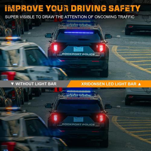 XRIDONSEN 35 inch Blue White Traffic Advisor Light Bar 48 LED Emergency Strobe Lights Safety Warning Front/Rear Window Lights w/Display Controller for Police Firefighter Ambulance Vehicles Trucks
