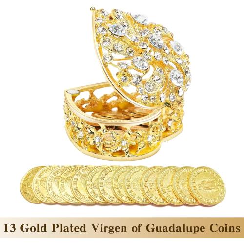 Wedding Arras Coins Set - Gold Heart Shaped Box with 13 Virgen of Guadalupe Coins, Arras De Boda Cristiana, Wedding Accessories for Ceremony