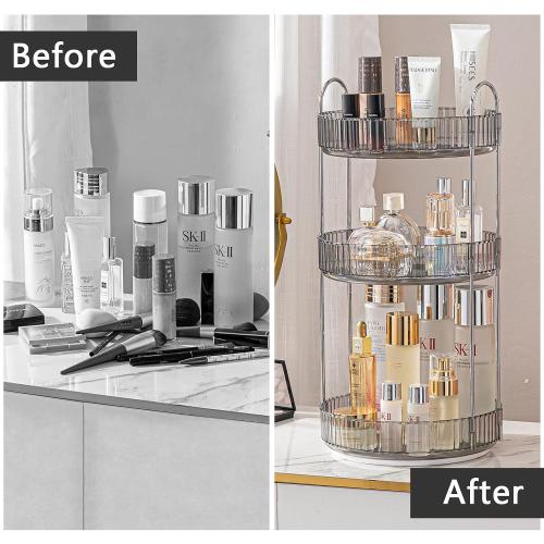Rotating Makeup Organizer for Vanity, Large Capacity Skincare Perfume Storage, Bathroom Counter Organizer, 360 Spinning Cosmetic Dresser Countertop Organizers (Gray, 3 Tier)