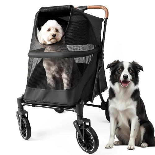 Premium Dog Stroller for Large Dogs, Pet Stroller with 5-Point Safety Harness, Foldable Dog Wagon, All-Terrain Wheels, Storage Basket & Cup Holder, Ideal for Senior & Recovering Pets, (Black & Grey)