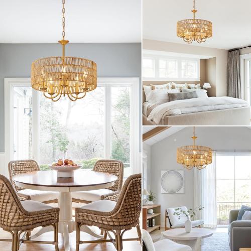 5-Light Boho Large Rattan Chandelier Light Fixture, Gold Rattan Chandeliers for Dining Room with Hand Woven Shade, Farmhouse Rustic Drum Hanging Pendant Light Fixture for Living Room, Hallway, Foyer