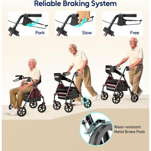 Bluelog Walkers for Seniors Rollator Walkers with Seat, 350lb Capacity with Cup Holder & Cane Holder, 8'' All Terrain Wheels, Adjustable Handles and Seat Height, Foldable Design, Burgundy