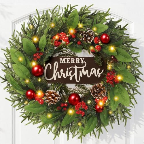 22 Inch Christmas Wreath for Front Door with Light Porch Window Winter Wreaths with Berries Pine Cones Indoor Outdoor Window Decor for Xmas Holiday Celebrations Decorations
