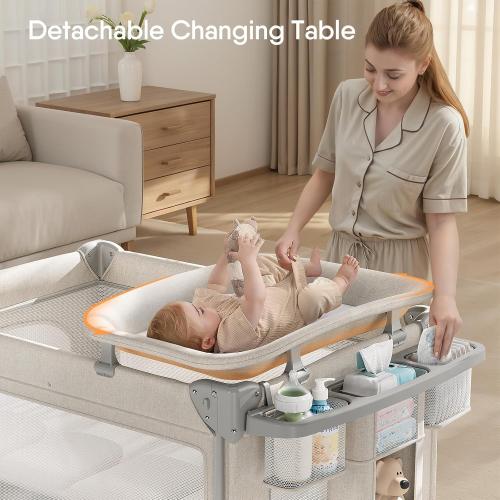 TinyGlow Baby Bassinet, Pack and Play, Bedside Crib Sleeper, Diaper Changer | Quickly Assembles and Folds, Portable Crib with Mattress,Mosquito Net and Toys Bar, Easy to Carry for Newborn to Toddler