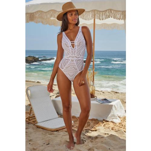 Size Medium BECCA Color Play One Piece Swimsuit, Plunge Neck, Crochet, Bathing Suits for Women