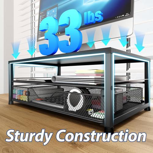 OPNICE Desk Organizer and Accessories, 2-Tier Computer Monitor Stand Riser with Drawer and 2 Pen Holders, Laptop Stand, Office Desk Accessories for Office Supplies, Black