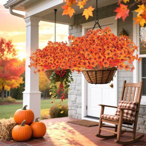 Artificial Fall Flowers Outdoor - Autumn Realistic Faux Plant , Weather-Resistant UV Protection, Perfect for Porch, patio, Garden, Window Box, and Planters Decor(Fall Orange)