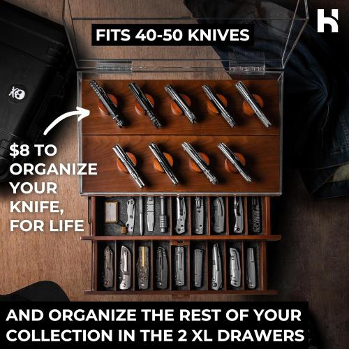 Holme & Hadfield Premium Knife Display Case for up to 50 Knives – Extra Large Handcrafted Wooden Pocket Knife Organizer for Collections – Birthday Gift for EDC Collectors – Luxury Built to Last