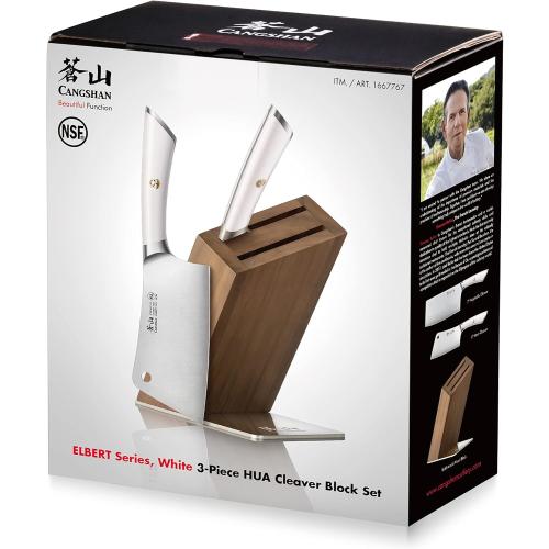 Cangshan ELBERT Series 3-Piece German Steel Forged Cleaver Knife Block Set, White, Full Tang Knife Set with Acacia Wood Block