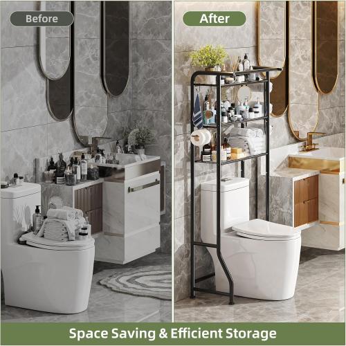 Simple Trending Over The Toilet Storage Cabinet, Metal Bathroom Shelf Organizer with Paper Holder and Hooks, 3 Tier, Black