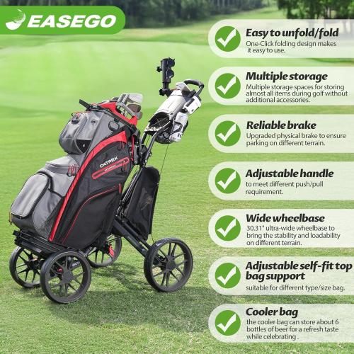 EASEGO Golf Push Cart 4 Wheel : Golf Walking Carts with Phone Holder/Cup Holder/Umbrella Holder/Foot Brake/Cooler Basket 3 Wheel Superlite Golf Pull Cart All-Terrain Golf Caddy Carts