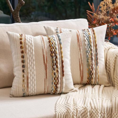 Aeckself Boho Throw Pillow Covers Set of 2, Farmhouse Decorative Striped Square Pillow Covers Chenille Tufted Pillow Cases Accent Neutral Pillowcase for Living Room Couch Bed, Orange White
