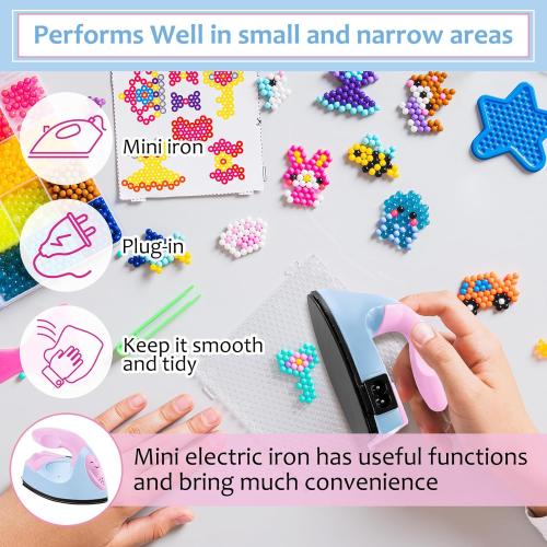 Honoson Mini Craft Iron Mini Heat Press Small Iron 3.93 x 2.36 x 2.76 in Portable Handy Tiny Flatiron with Charging Base Accessory for Fuse Bead Patch DIY Heat Transfer Vinyl(Light Pink, Light Blue)