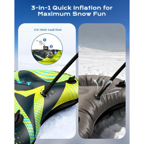 Snow Tube with Towable Leash, AirsFish Inflatable Snow Sled Heavy Duty Cover Wear-Resistant & Antifreeze Material Sledding Tubes for Winter Sports