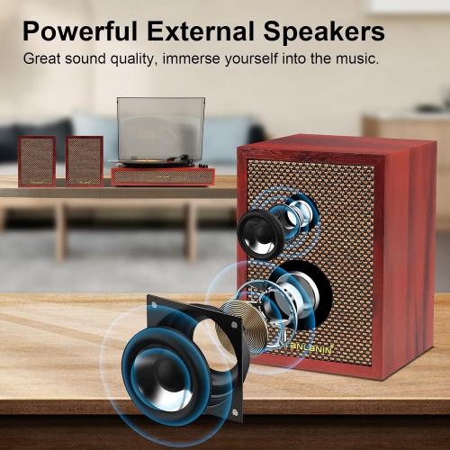 Vinyl Record Player with Dual External Speakers, 3 Speed Vintage Stereo Turntable for Vinyl Records, Bluetooth Input, Auto Stop & Belt Driven System, RCA Out and Aux in