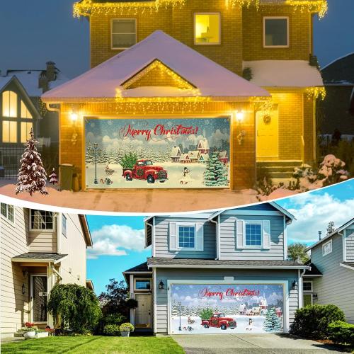 7x16 ft Christmas Garage Door Banner, 2025 Holiday Garage Door Decoration, Large Door Cover with Festive Design, Outdoor Xmas Banner, Merry Christmas Mural (Blue-2)