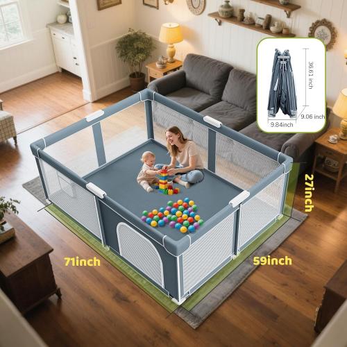 Foldable Baby Playpen - 71×59 Collapsible Play Pen for Babies and Toddlers - Indoor Outdoor Foldable Play Yard with 4 Handles - Folding Baby Playpen with Bag Portable Travel Play Yard