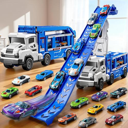 3-in-1 Kids Carrier Truck Toy Car Tracks for Toddlers 2-4 Years Old with 12 Racing Cars Toys, Foldable Chasing Race Track and Car Garage, Car Ramps Birthday Gift for Boys Girls 3-5 4-8(Blue)