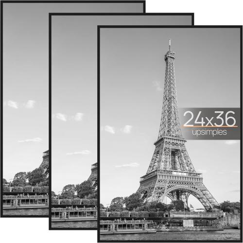 Pack of 3 Size 24x36 Poster Frame Black 3 Pack, Scratch-Proof Picture Frames 24 x 36 for Photo Gallery - Slide-In Strips, Horizontal or Vertical Wall Mounting