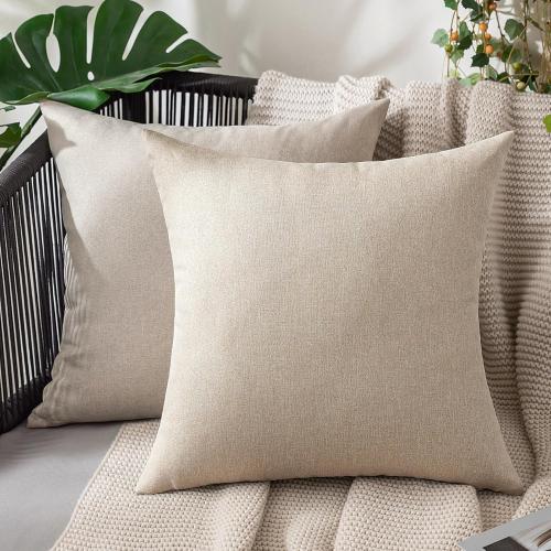 MIULEE Pack of 2 Decorative Outdoor Solid Waterproof Throw Pillow Covers Faux Linen Garden Farmhouse Cushion Cases for Patio Tent Balcony Couch Sofa 18x18 Inch Beige