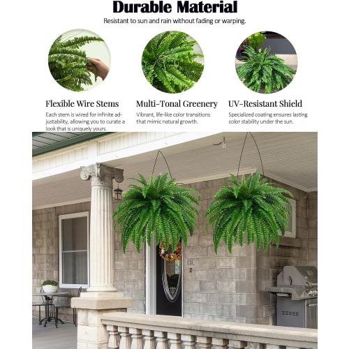 GYERB 48 Large Artificial Boston Fern Plants for Outdoor Indoor, Fake Ferns for Front Porch Hanging, Faux Greenery Bushes for Home Garden Office Decor, Silk Fern with Realistic Fronds, 88 Branches