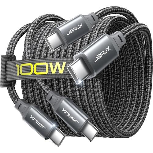 JSAUX 100W USB C Cable [2-Pack 6.6FT], Type C Fast Charging Cord for iPhone 17e/iPhone 17/iPhone Air/iPhone 17 Pro/iPhone 17 Pro Max, iPhone 16/15 Series, Galaxy S/Note, MacBook Pro Air, iPad - Grey