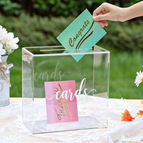 UNIQOOO Clear Acrylic Card Box w/Slot, Thick DIY Wedding Box Blank White Print, Large 10x10x5.5 in, for Reception Decoration Fundraiser Money Box Election Ballot Graduation Keepsake Party Favor