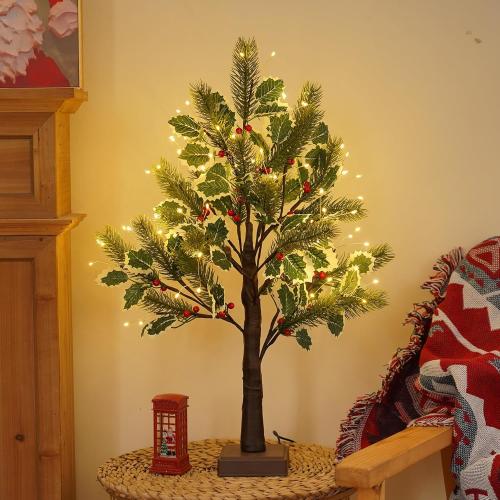 2 FT Christmas Tree with 72 LED Lights, Christmas Decorations Indoor, Fairy Light Spirit Tree for Home Decor, Lighted Birch Trees with Pine Needles, USB and 3AA Battery and Timer（Warm White）