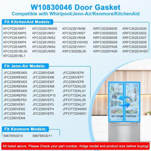 Upgraded W10830046 Refrigerator Door Gasket Compatible with KitchenAid Jenn Air Whirlpool W10163997 Refrigerator Door Seal Replacement For Kenmore W10443241 Door Gasket Seal
