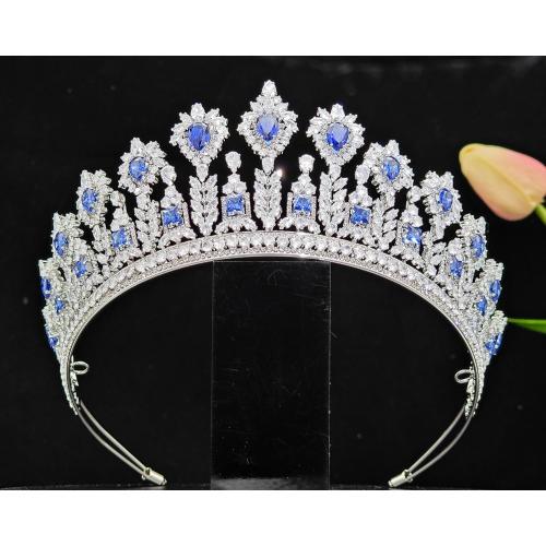 Luxury CZ Royal Blue Crowns and Tiaras for Bride Handmade Cubic Zirconia Large Bridal Headpiece Princess Prom Queen Crown Wedding Hair Accessories Zircon Crystal Tiara Headband